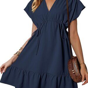 Womens Summer Casual Dress Short Sleeve V Neck A-Line Swing Mini